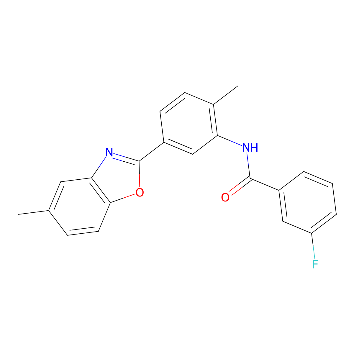 3-fluoro-N-[2-methyl-5-(5-methyl-1,3-benzoxazol-2-yl)phenyl]benzamide molecular structure, CAS 335210-15-6