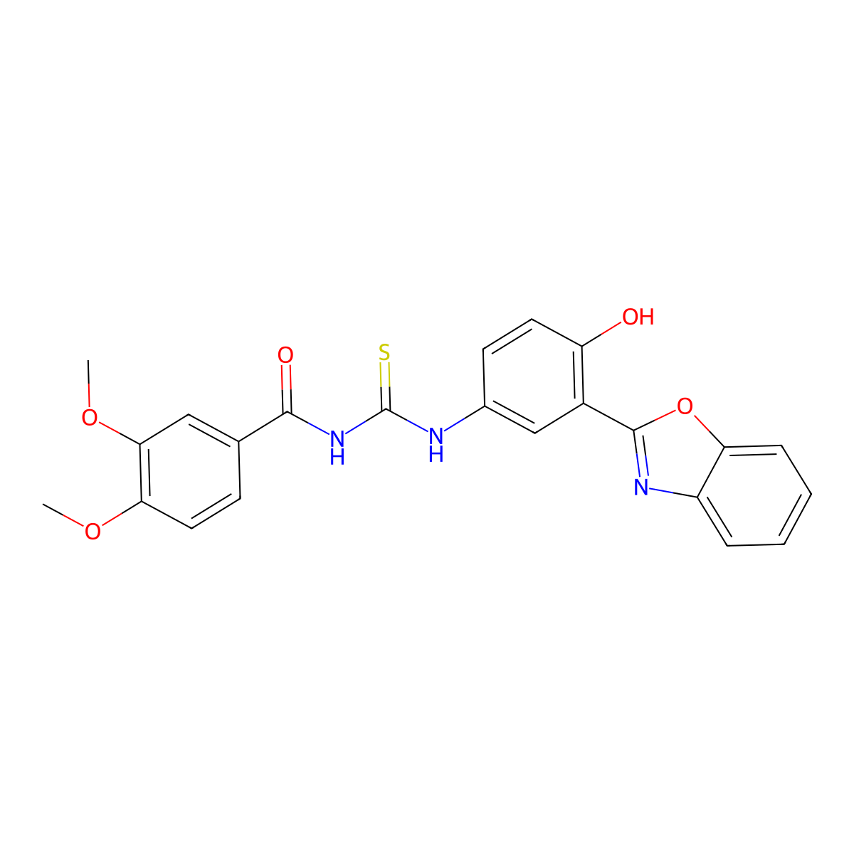 N-[3-(1,3-benzoxazol-2-yl)-4-hydroxyphenyl]-N'-(3,4-dimethoxybenzoyl)thiourea molecular structure, CAS 335213-91-7