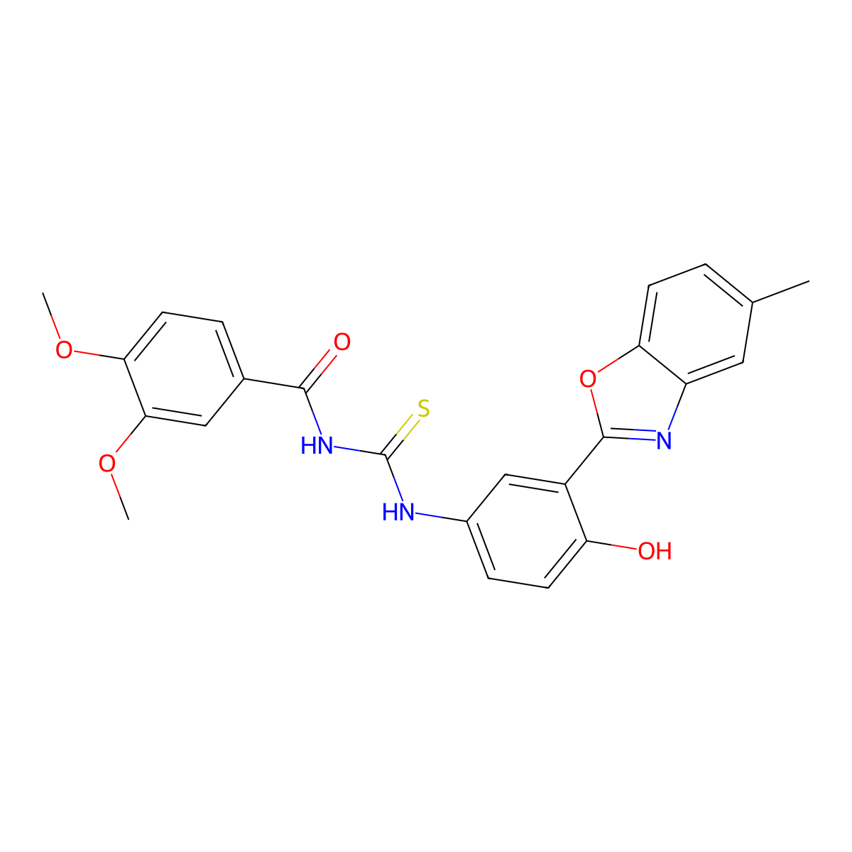 N-{[4-hydroxy-3-(5-methyl-1,3-benzoxazol-2-yl)phenyl]carbamothioyl}-3,4-dimethoxybenzamide molecular structure, CAS 335213-92-8