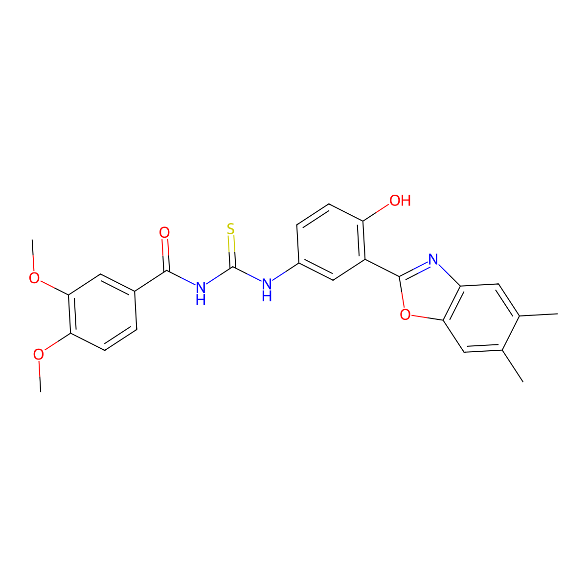 N-{[3-(5,6-dimethyl-1,3-benzoxazol-2-yl)-4-hydroxyphenyl]carbamothioyl}-3,4-dimethoxybenzamide molecular structure, CAS 335213-93-9