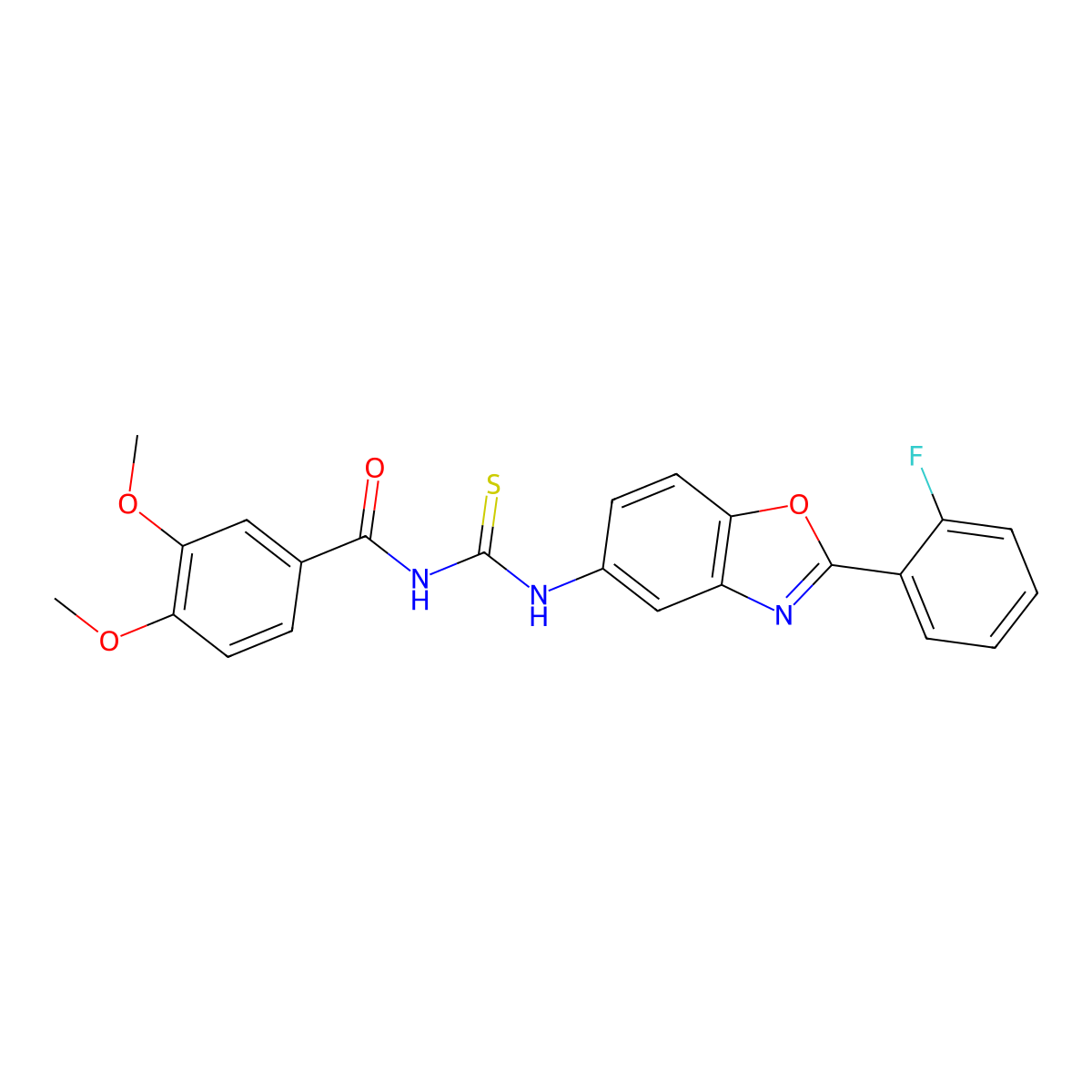 N-[[2-(2-fluorophenyl)-1,3-benzoxazol-5-yl]carbamothioyl]-3,4-dimethoxybenzamide molecular structure, CAS 335214-40-9