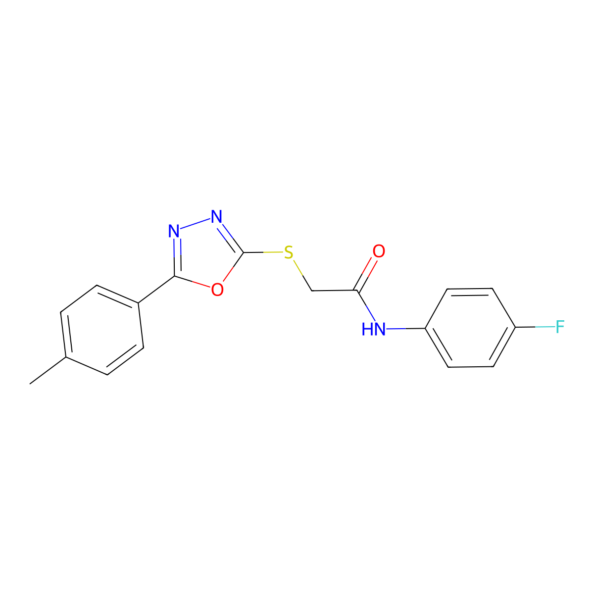 N-(4-fluorophenyl)-2-{[5-(4-methylphenyl)-1,3,4-oxadiazol-2-yl]sulfanyl}acetamide molecular structure, CAS 335215-36-6