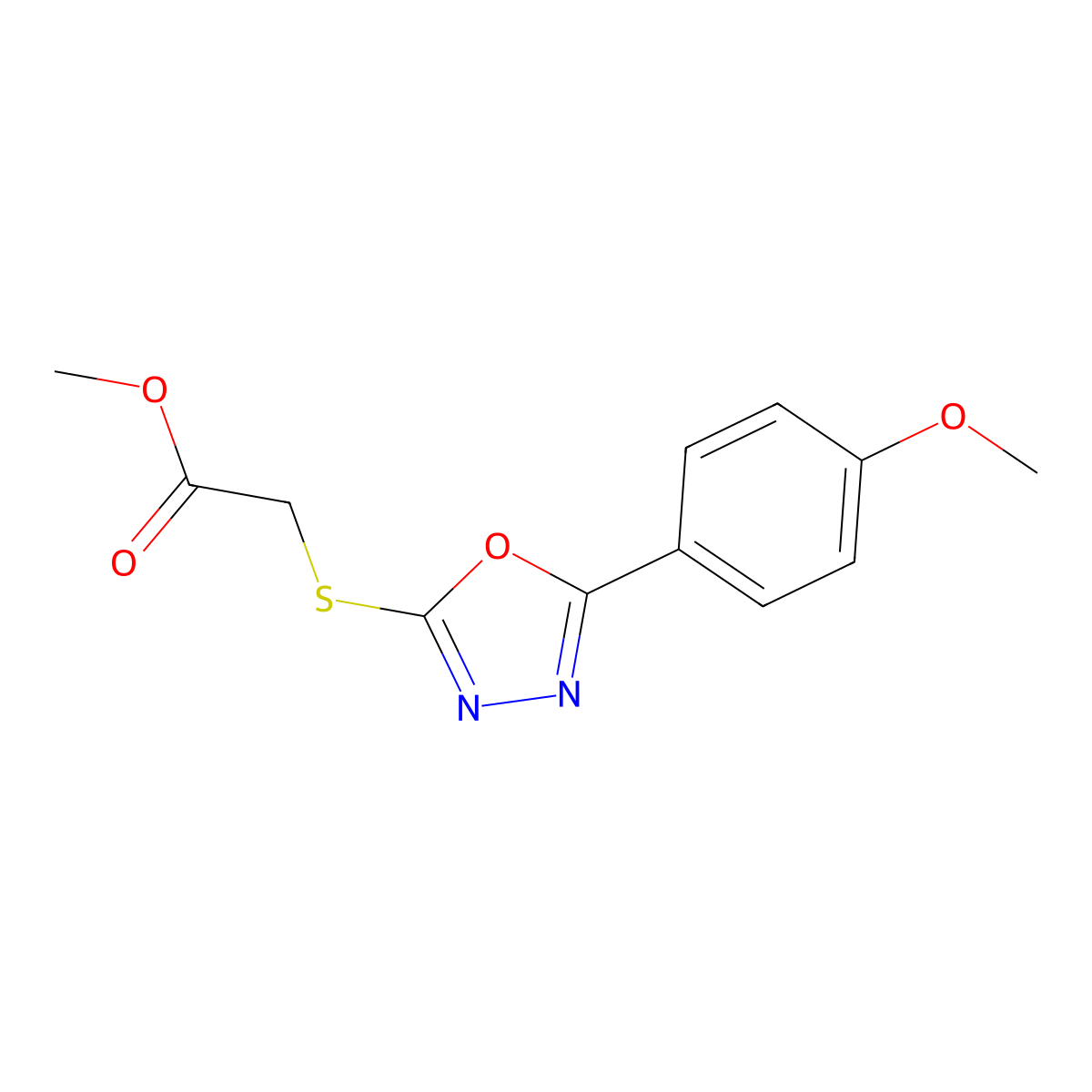 [5-(4-Methoxy-phenyl)-[1,3,4]oxadiazol-2-ylsulfanyl]-acetic acid methyl ester molecular structure, CAS 335215-39-9