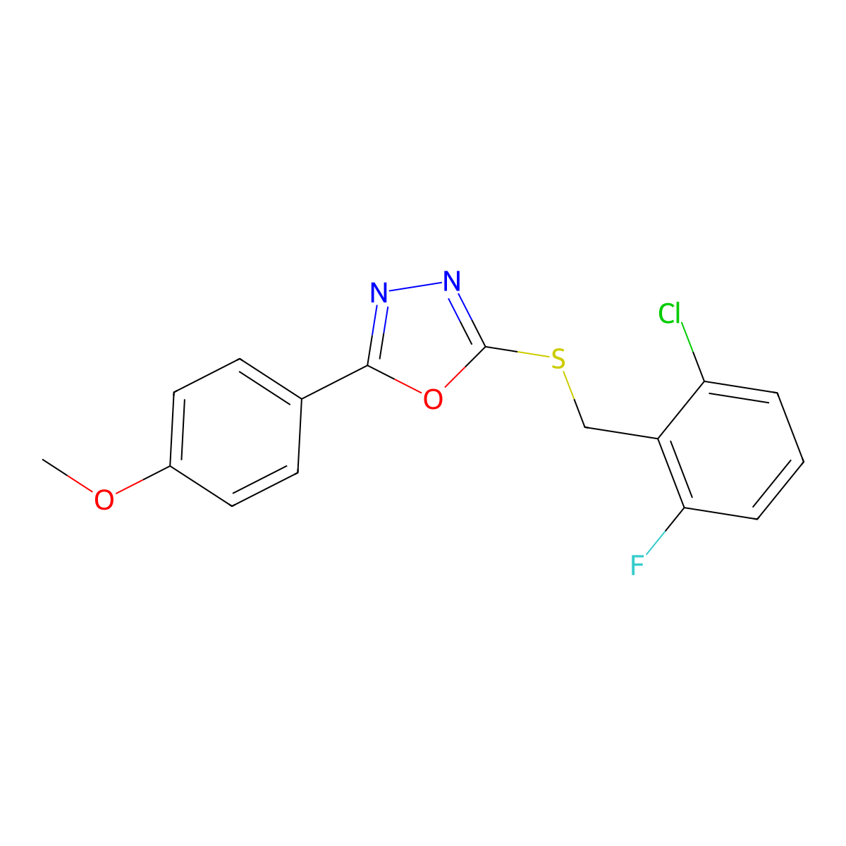 2-[(2-Chloro-6-fluorophenyl)methylsulfanyl]-5-(4-methoxyphenyl)-1,3,4-oxadiazole molecular structure, CAS 335215-41-3