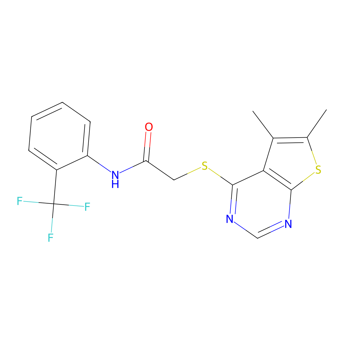 2-({5,6-dimethylthieno[2,3-d]pyrimidin-4-yl}sulfanyl)-N-[2-(trifluoromethyl)phenyl]acetamide molecular structure, CAS 335217-20-4