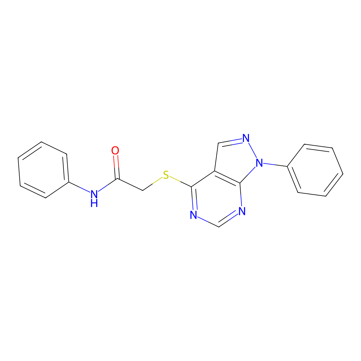 N-Phenyl-2-(1-phenyl-1H-pyrazolo[3,4-d]pyrimidin-4-ylsulfanyl)-acetamide molecular structure, CAS 335223-32-0