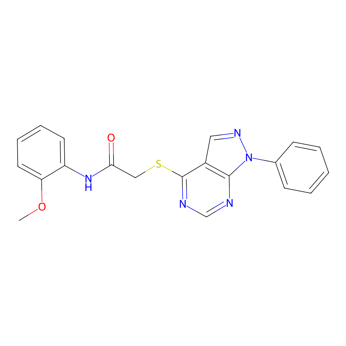 N-(2-methoxyphenyl)-2-((1-phenyl-1H-pyrazolo[3,4-d]pyrimidin-4-yl)thio)acetamide molecular structure, CAS 335223-36-4
