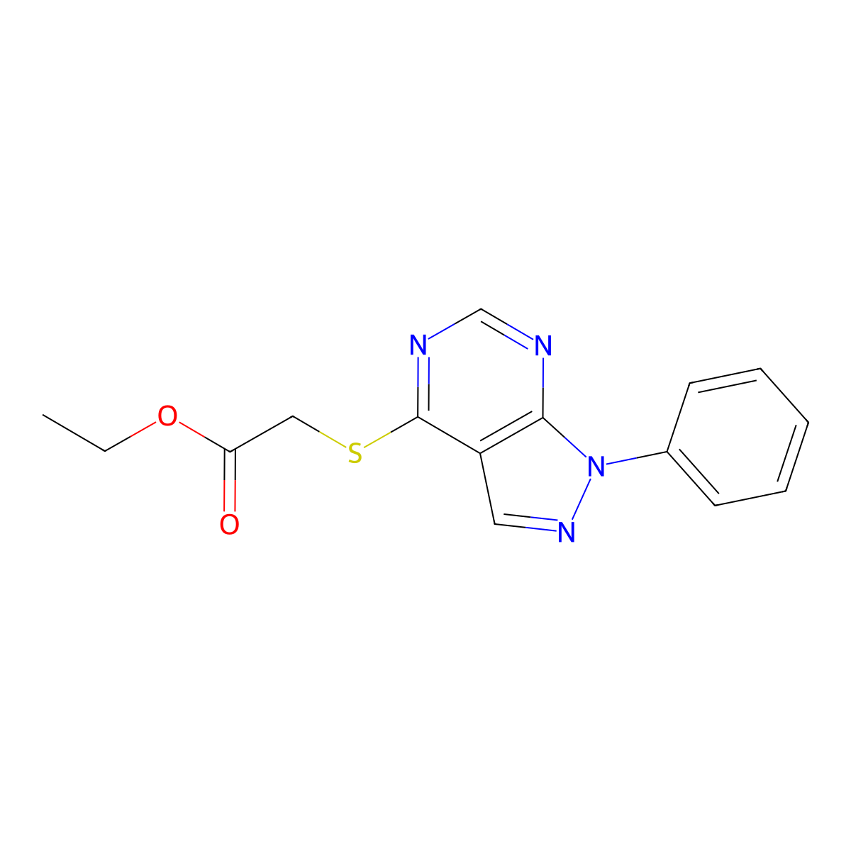ethyl 2-((1-phenyl-1H-pyrazolo[3,4-d]pyrimidin-4-yl)thio)acetate molecular structure, CAS 335223-43-3