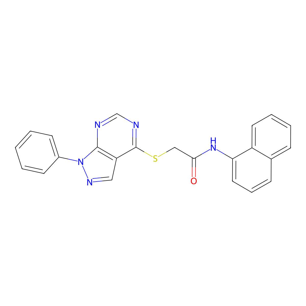 N-(naphthalen-1-yl)-2-((1-phenyl-1H-pyrazolo[3,4-d]pyrimidin-4-yl)thio)acetamide molecular structure, CAS 335223-47-7