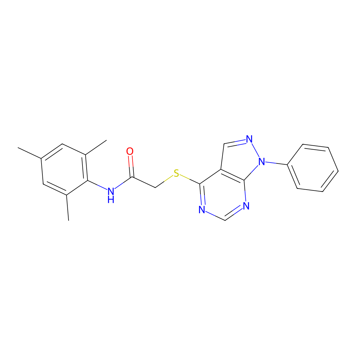 N-mesityl-2-((1-phenyl-1H-pyrazolo[3,4-d]pyrimidin-4-yl)thio)acetamide molecular structure, CAS 335223-53-5