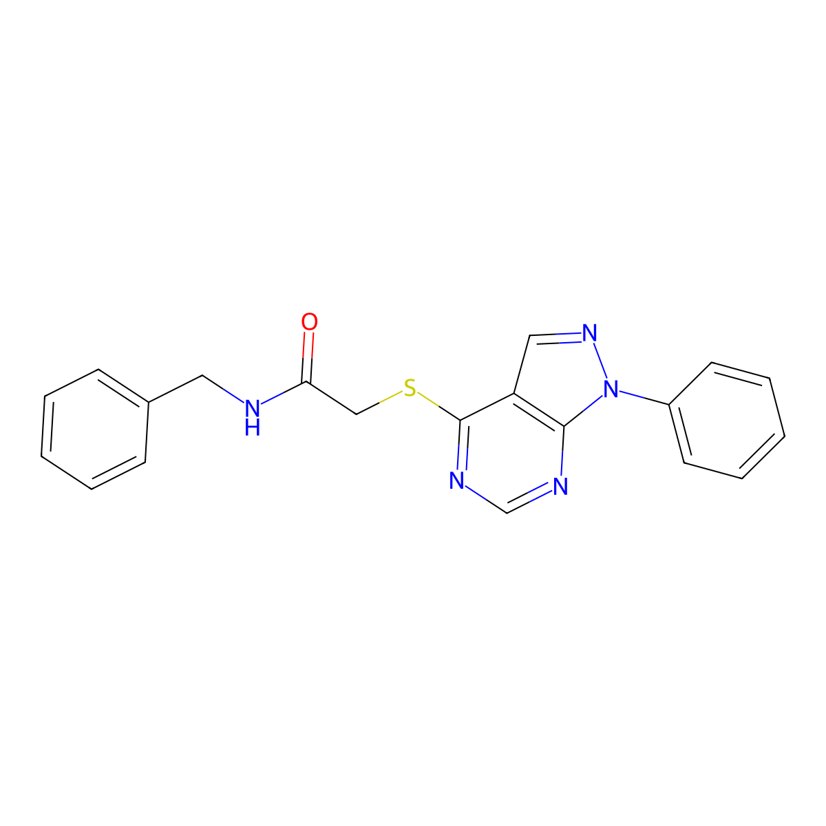 N-benzyl-2-((1-phenyl-1H-pyrazolo[3,4-d]pyrimidin-4-yl)thio)acetamide molecular structure, CAS 335223-69-3