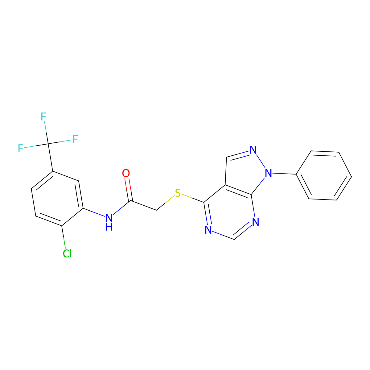 N-(2-chloro-5-(trifluoromethyl)phenyl)-2-((1-phenyl-1H-pyrazolo[3,4-d]pyrimidin-4-yl)thio)acetamide molecular structure, CAS 335223-81-9