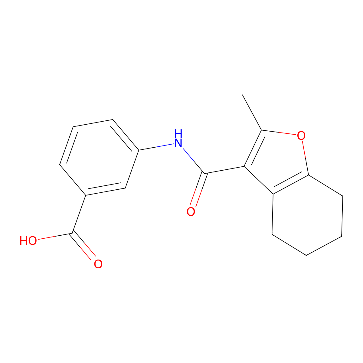 3-[(2-Methyl-4,5,6,7-tetrahydro-benzofuran-3-carbonyl)-amino]-benzoic acid molecular structure, CAS 335394-27-9