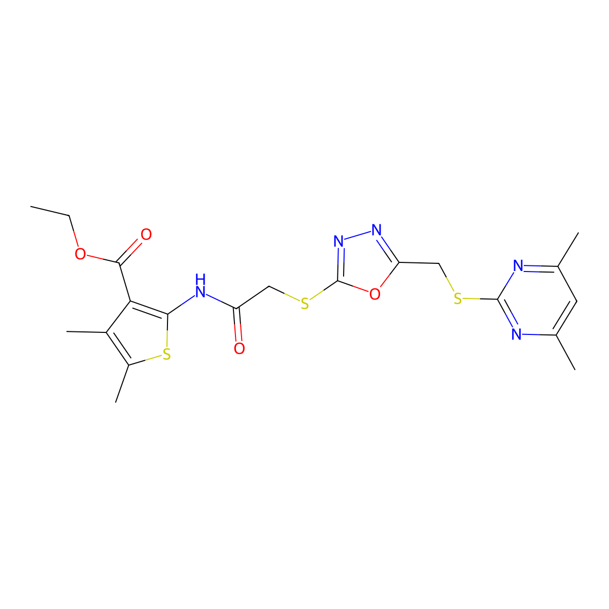 Ethyl 2-({[(5-{[(4,6-dimethylpyrimidin-2-yl)sulfanyl]methyl}-1,3,4-oxadiazol-2-yl)sulfanyl]acetyl}amino)-4,5-dimethylthiophene-3-carboxylate molecular structure, CAS 335397-61-0