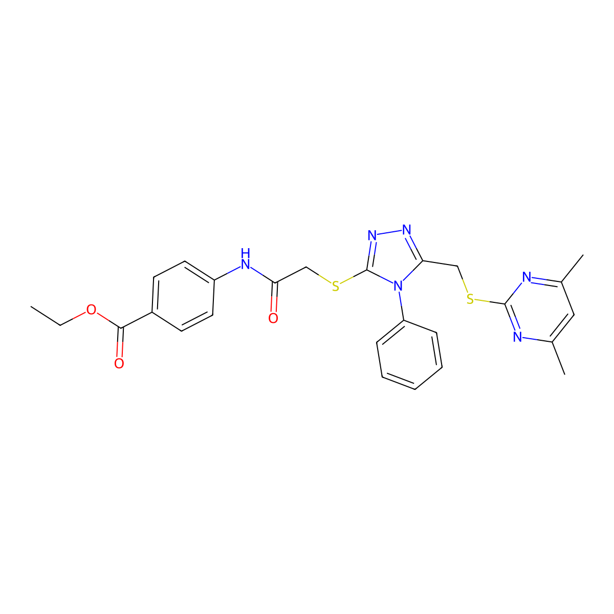 Ethyl 4-[[2-[[5-[(4,6-dimethylpyrimidin-2-yl)sulfanylmethyl]-4-phenyl-1,2,4-triazol-3-yl]sulfanyl]acetyl]amino]benzoate molecular structure, CAS 335397-87-0