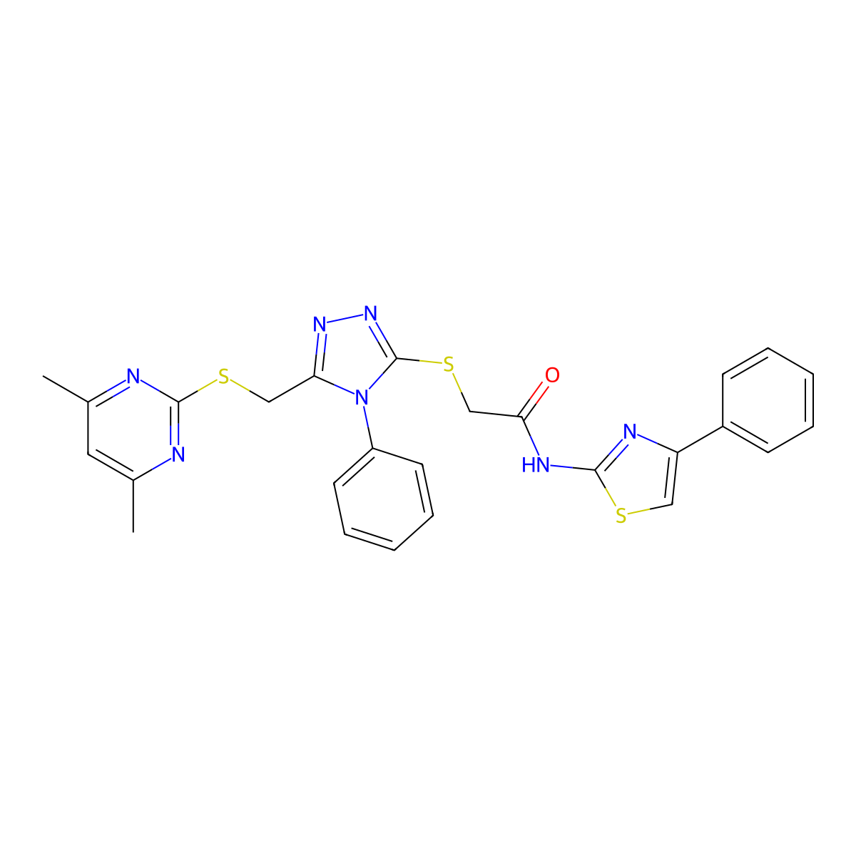 2-[5-(4,6-Dimethyl-pyrimidin-2-ylsulfanylmethyl)-4-phenyl-4H-[1,2,4]triazol-3-ylsulfanyl]-N-(4-phenyl-thiazol-2-yl)-acetamide molecular structure, CAS 335398-09-9