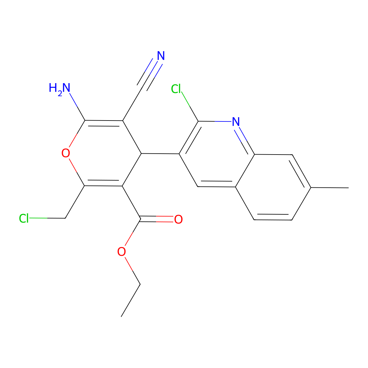 ethyl 6-amino-2-(chloromethyl)-4-(2-chloro-7-methylquinolin-3-yl)-5-cyano-4H-pyran-3-carboxylate molecular structure, CAS 335398-81-7