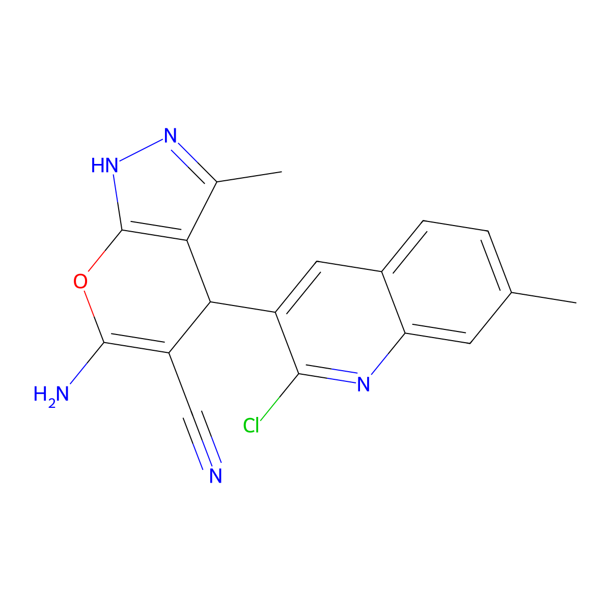 6-Amino-4-(2-chloro-7-methyl-3-quinolinyl)-1,4-dihydro-3-methylpyrano[2,3-c]pyrazole-5-carbonitrile molecular structure, CAS 335398-83-9