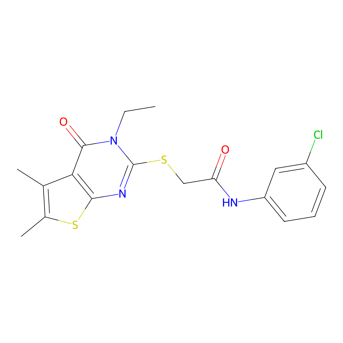 N-(3-Chlorophenyl)-2-[(3-ethyl-5,6-dimethyl-4-oxo-3,4-dihydrothieno[2,3-D]pyrimidin-2-YL)sulfanyl]acetamide molecular structure, CAS 335399-48-9