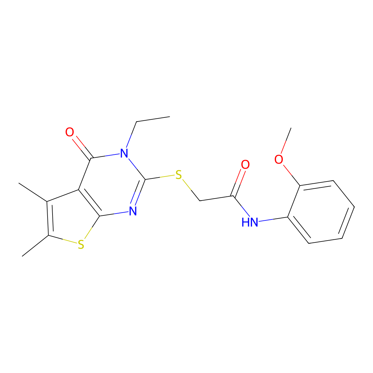 2-[(3-Ethyl-5,6-dimethyl-4-oxo-3,4-dihydrothieno[2,3-D]pyrimidin-2-YL)sulfanyl]-N-(2-methoxyphenyl)acetamide molecular structure, CAS 335399-54-7