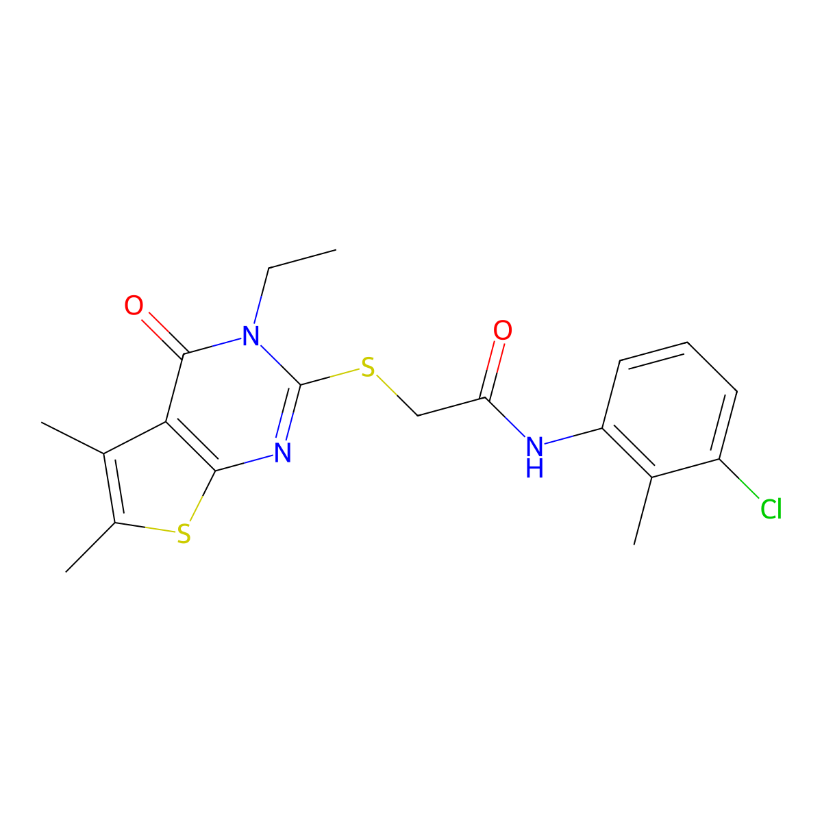 N-(3-Chloro-2-methylphenyl)-2-((3-ethyl-5,6-dimethyl-4-oxo-3,4-dihydrothieno(2,3-D)pyrimidin-2-YL)sulfanyl)acetamide molecular structure, CAS 335399-64-9