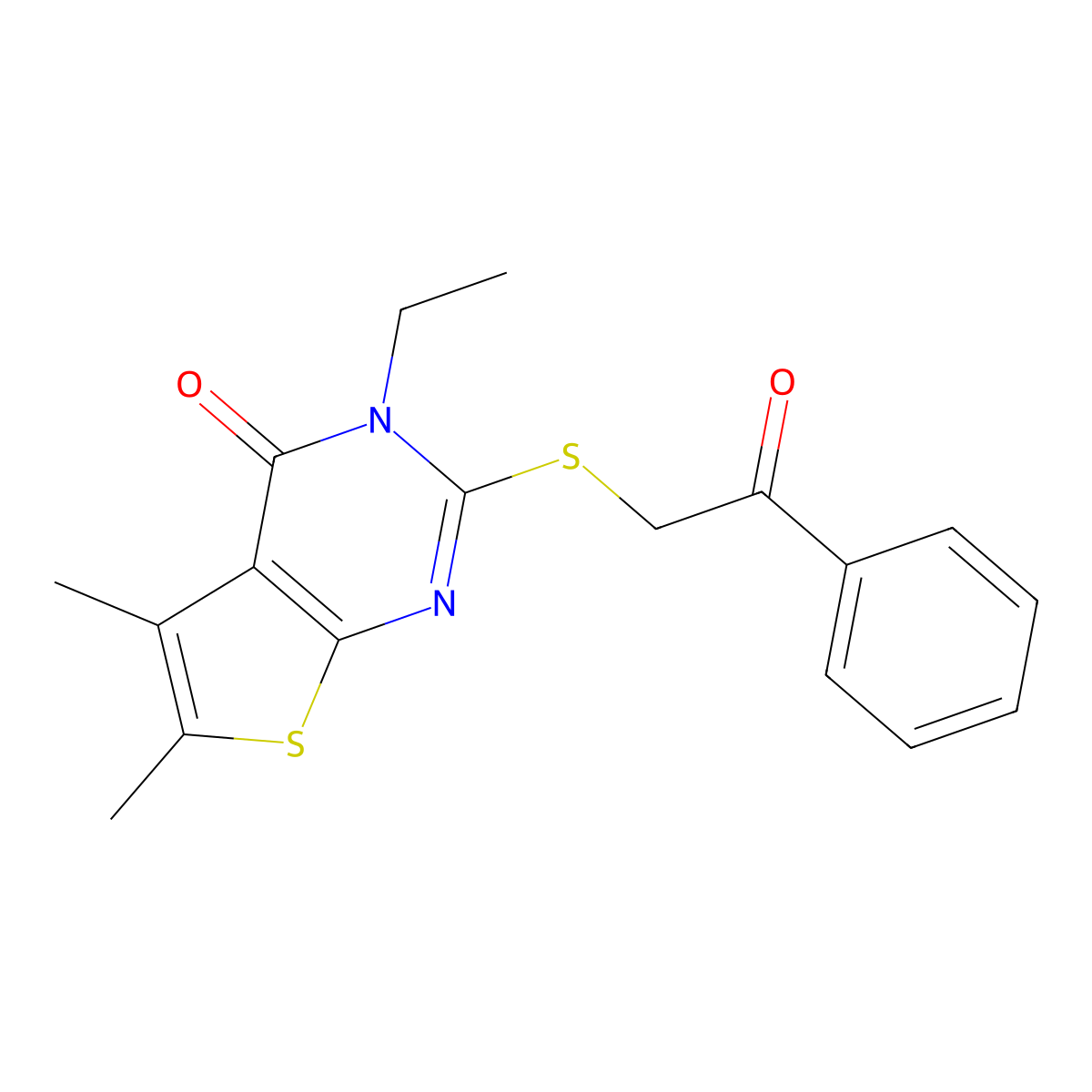 3-ET-5,6-Dimethyl-2-((2-oxo-2-phenylethyl)thio)thieno(2,3-D)pyrimidin-4(3H)-one molecular structure, CAS 335399-66-1