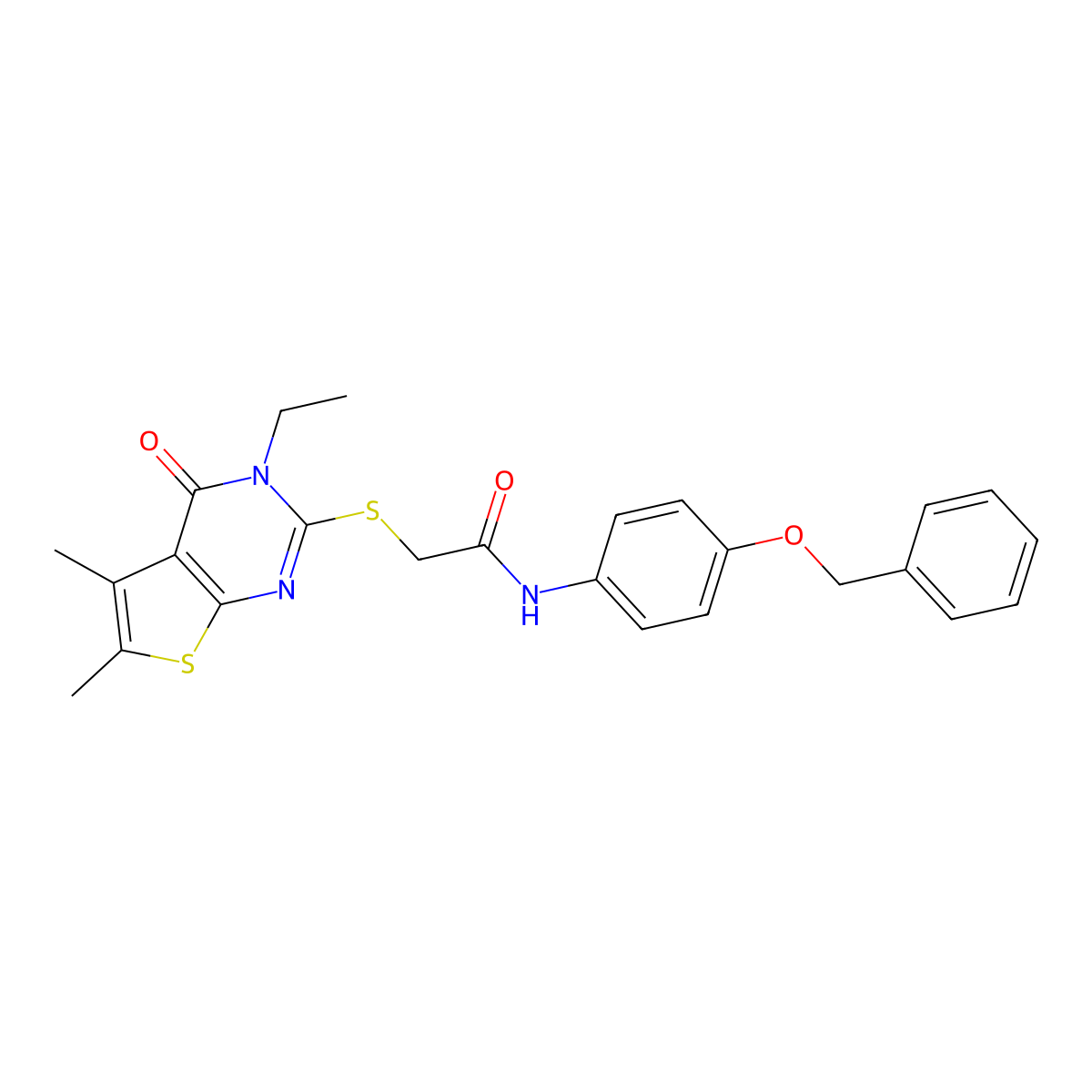 N-(4-(Benzyloxy)phenyl)-2-((3-ethyl-5,6-dimethyl-4-oxo-3,4-dihydrothieno(2,3-D)pyrimidin-2-YL)sulfanyl)acetamide molecular structure, CAS 335399-70-7