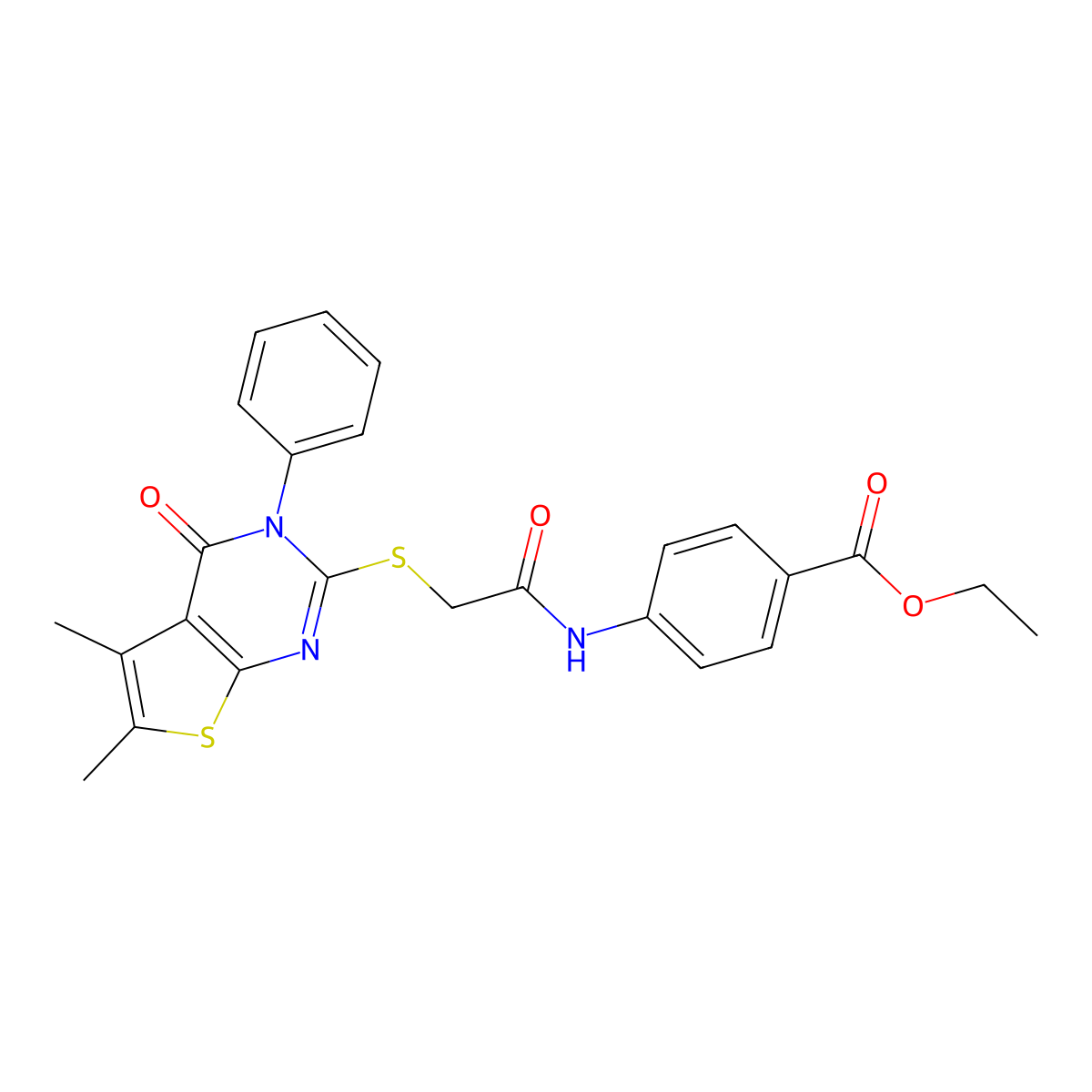 Ethyl 4-[[2-(5,6-dimethyl-4-oxo-3-phenylthieno[2,3-d]pyrimidin-2-yl)sulfanylacetyl]amino]benzoate molecular structure, CAS 335399-76-3