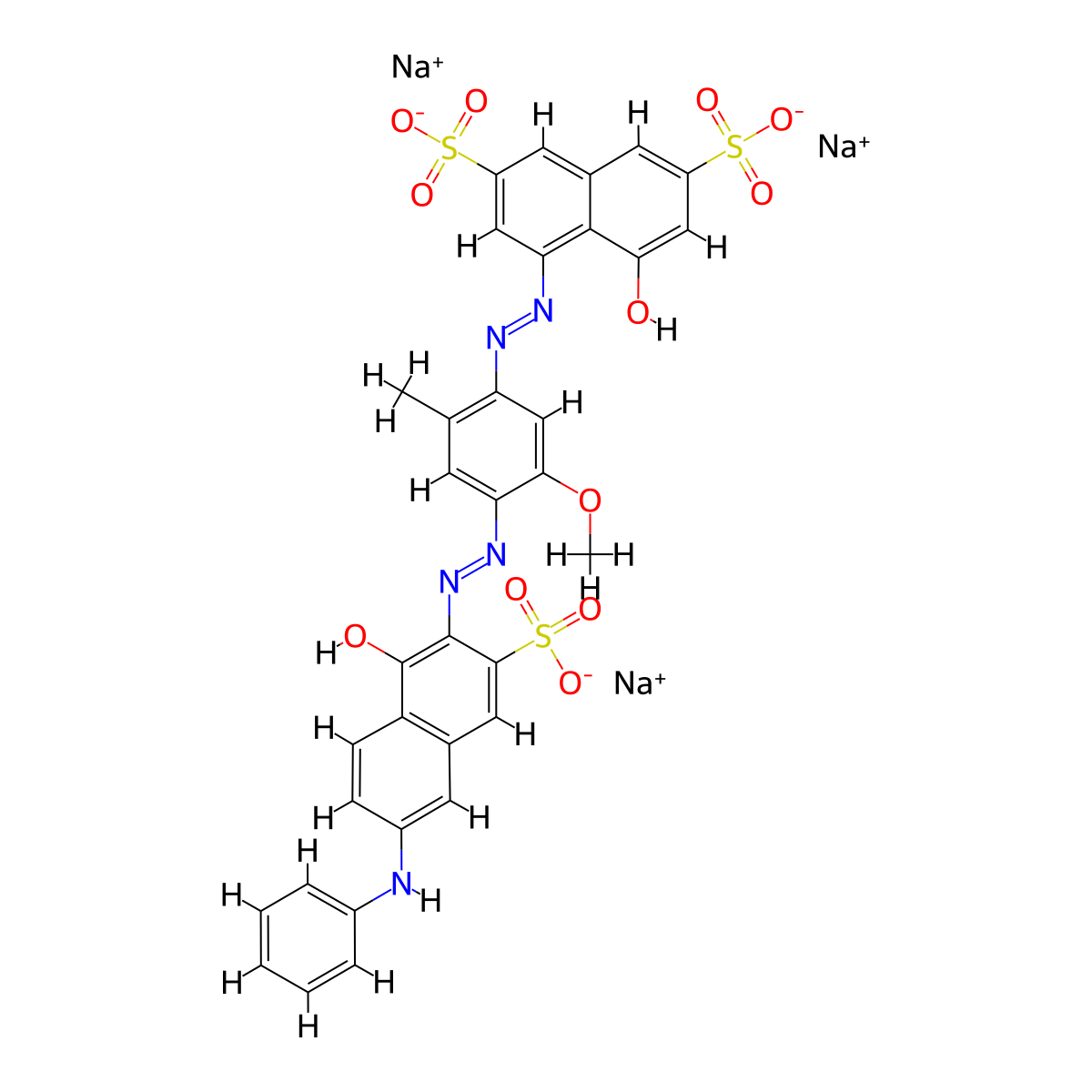 Trisodium 4-hydroxy-5-((4-((1-hydroxy-6-(phenylamino)-3-sulphonato-2-naphthyl)azo)-5-methoxy-2-methylphenyl)azo)naphthalene-2,7-disulphonate molecular structure, CAS 3354-97-0