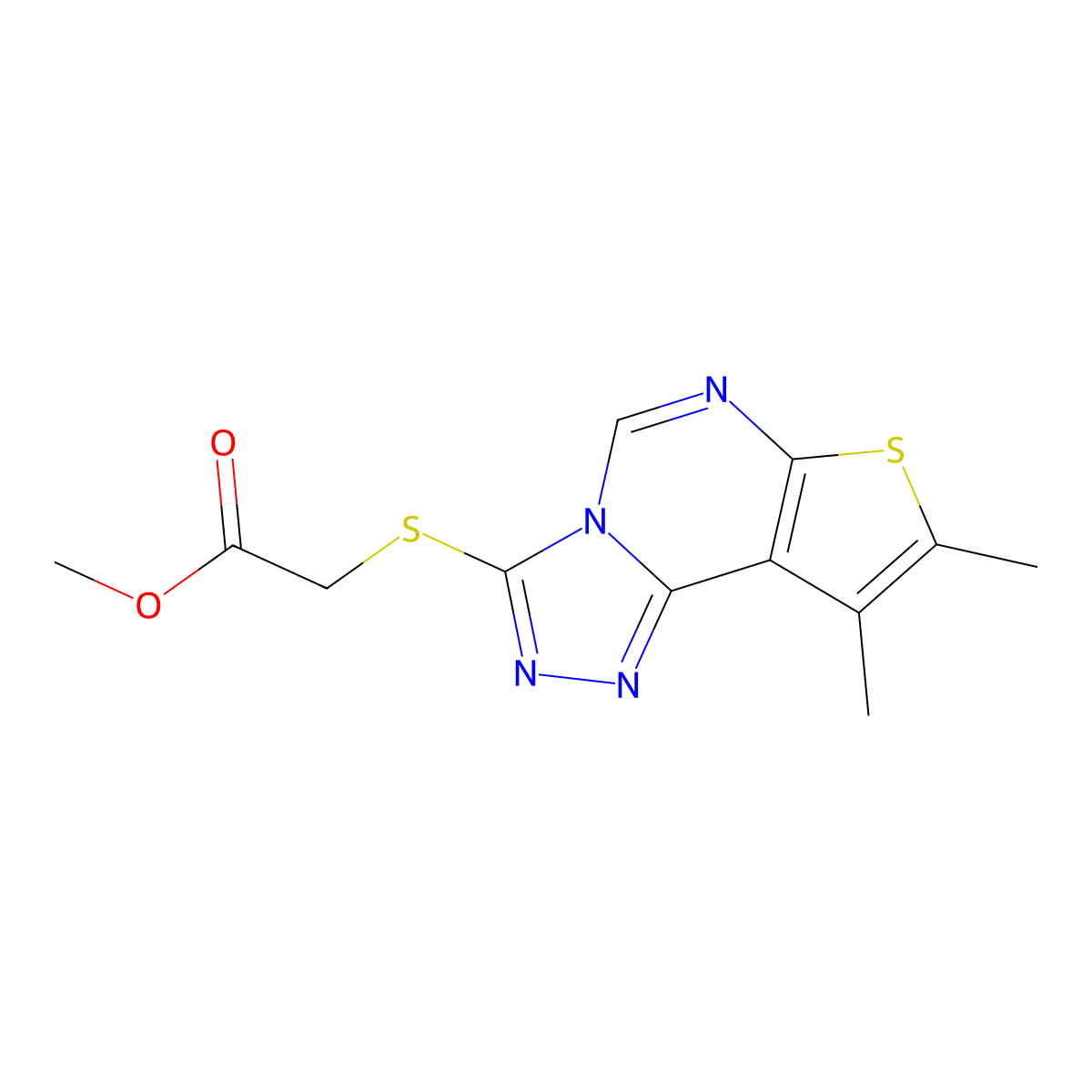 Methyl 2-[(11,12-dimethyl-10-thia-3,4,6,8-tetrazatricyclo[7.3.0.02,6]dodeca-1(9),2,4,7,11-pentaen-5-yl)sulfanyl]acetate molecular structure, CAS 335401-44-0