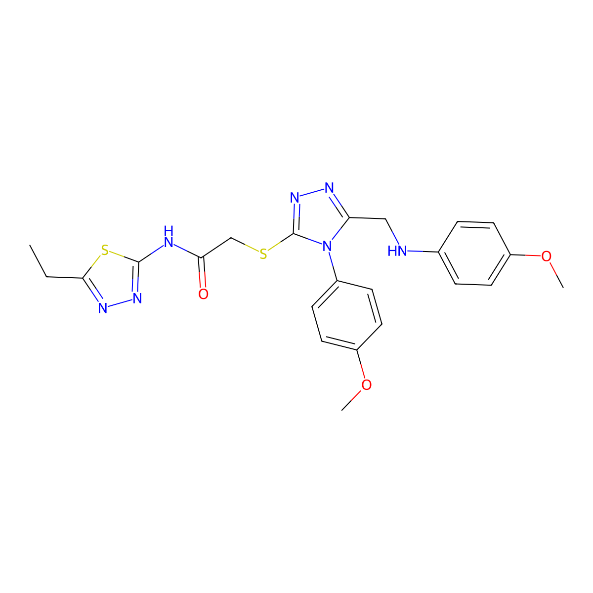 N-(5-Ethyl-1,3,4-thiadiazol-2-yl)-2-((4-(4-methoxyphenyl)-5-(((4-methoxyphenyl)amino)methyl)-4H-1,2,4-triazol-3-yl)thio)acetamide molecular structure, CAS 335402-09-0