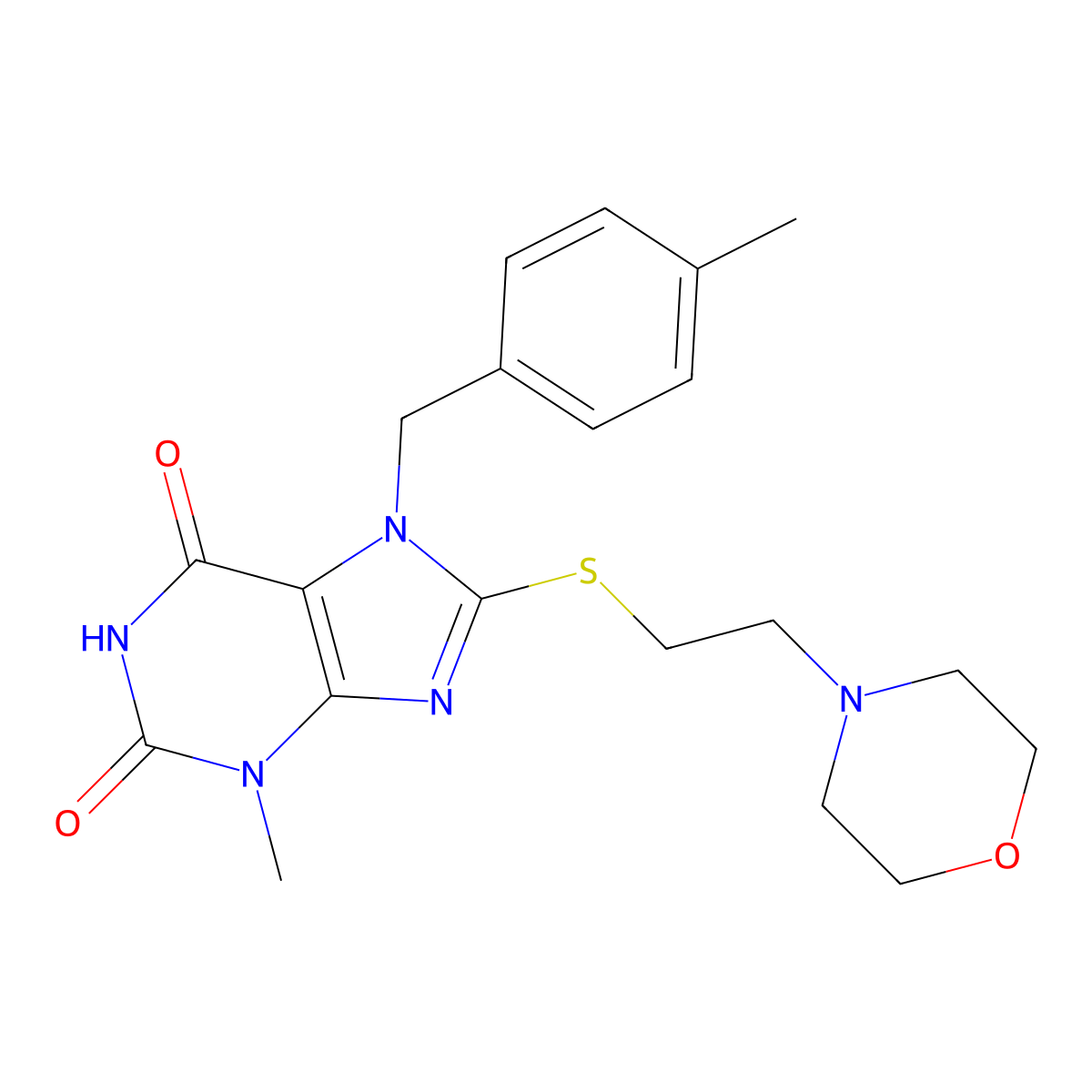 3-methyl-7-(4-methylbenzyl)-8-{[2-(morpholin-4-yl)ethyl]sulfanyl}-3,7-dihydro-1H-purine-2,6-dione molecular structure, CAS 335403-19-5