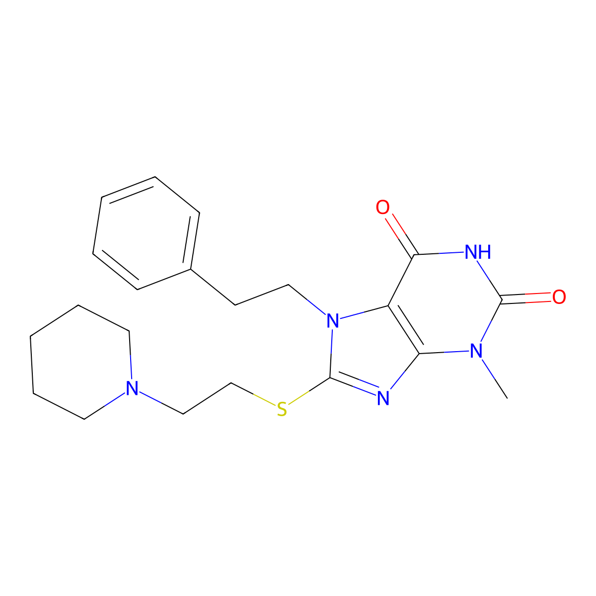 3-methyl-7-(2-phenylethyl)-8-{[2-(piperidin-1-yl)ethyl]sulfanyl}-3,7-dihydro-1H-purine-2,6-dione molecular structure, CAS 335403-20-8