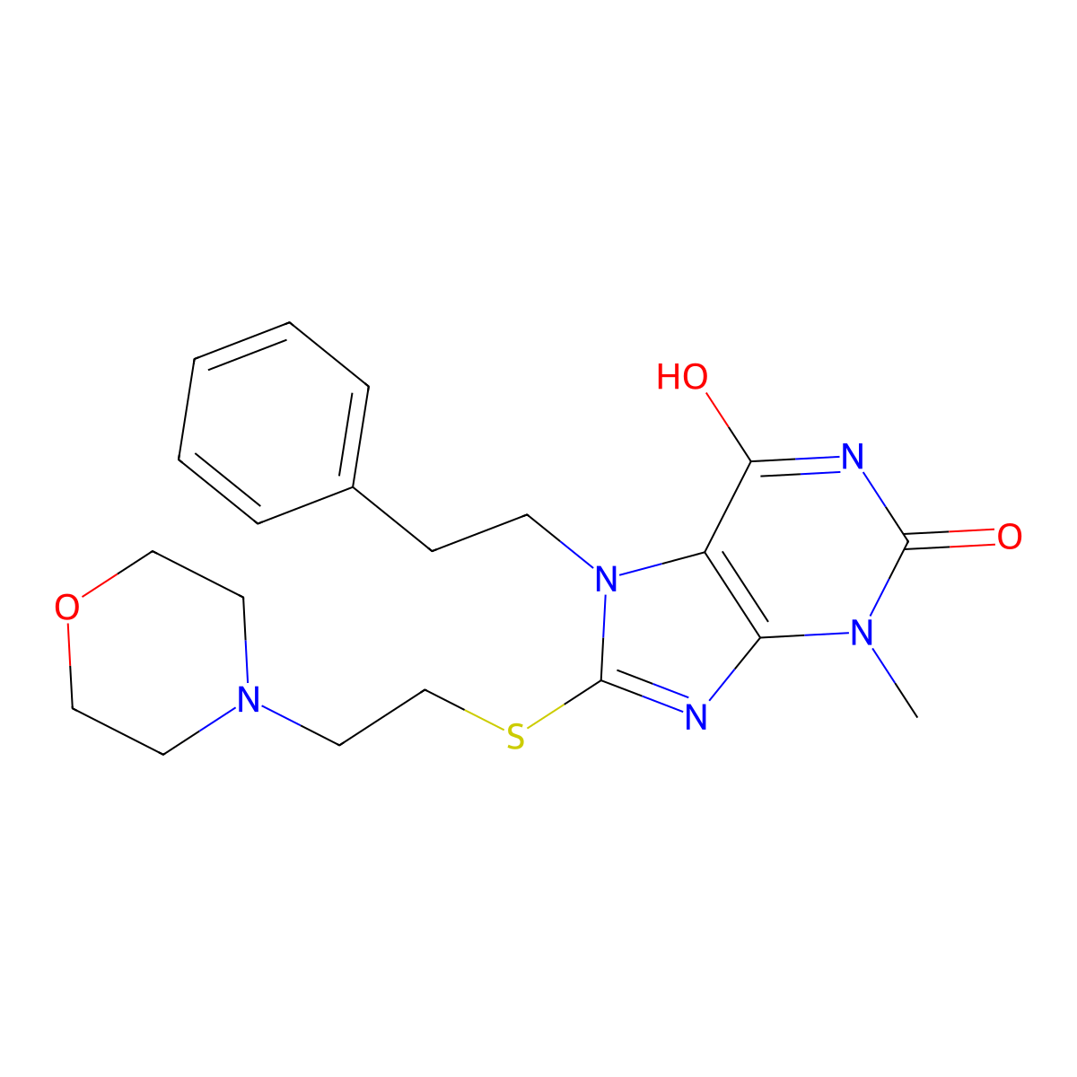 3-methyl-8-((2-morpholinoethyl)thio)-7-phenethyl-1H-purine-2,6(3H,7H)-dione molecular structure, CAS 335403-21-9