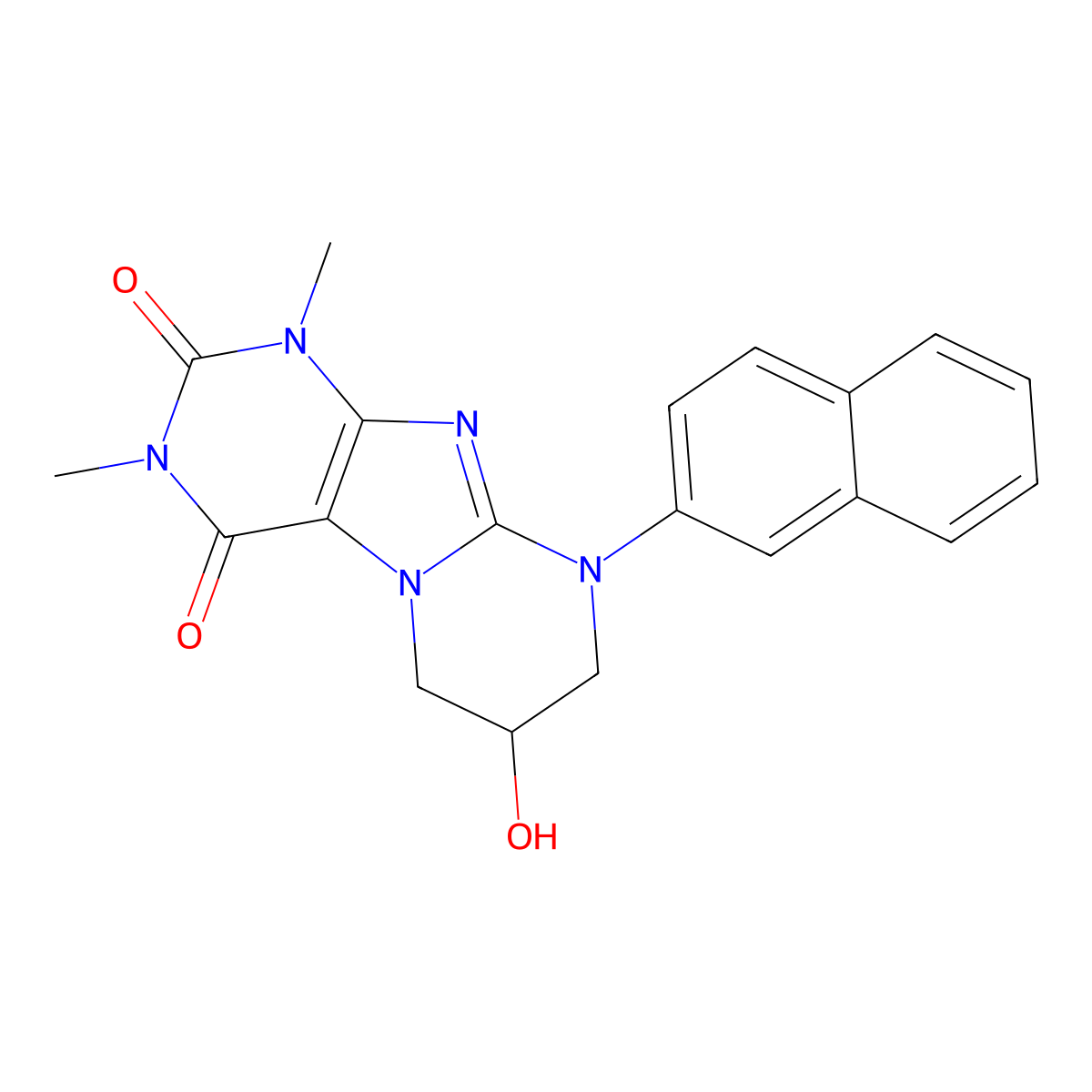 7-hydroxy-1,3-dimethyl-9-(naphthalen-2-yl)-6,7,8,9-tetrahydropyrimido[2,1-f]purine-2,4(1H,3H)-dione molecular structure, CAS 335403-32-2