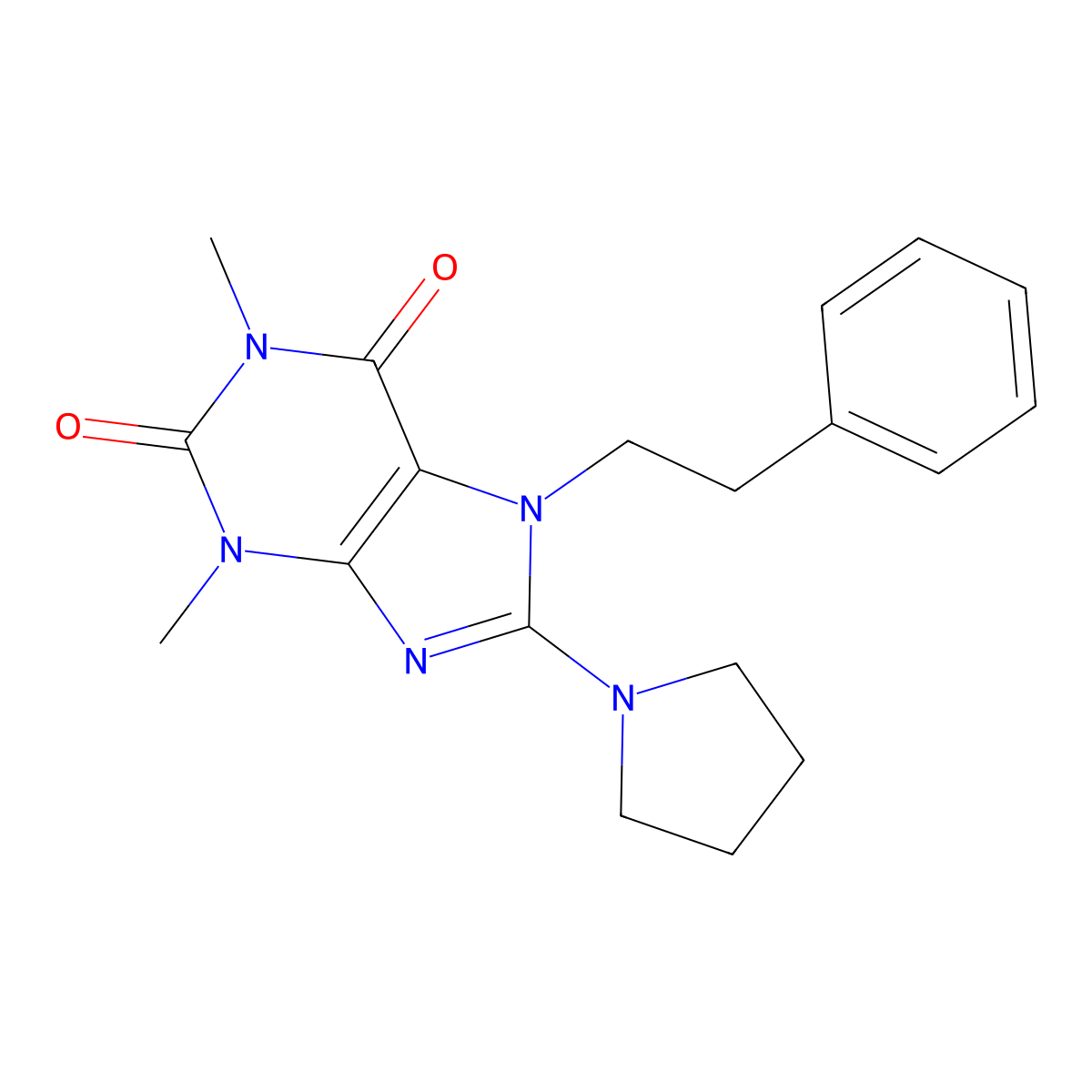 1,3-dimethyl-7-(2-phenylethyl)-8-(pyrrolidin-1-yl)-3,7-dihydro-1H-purine-2,6-dione molecular structure, CAS 335403-53-7