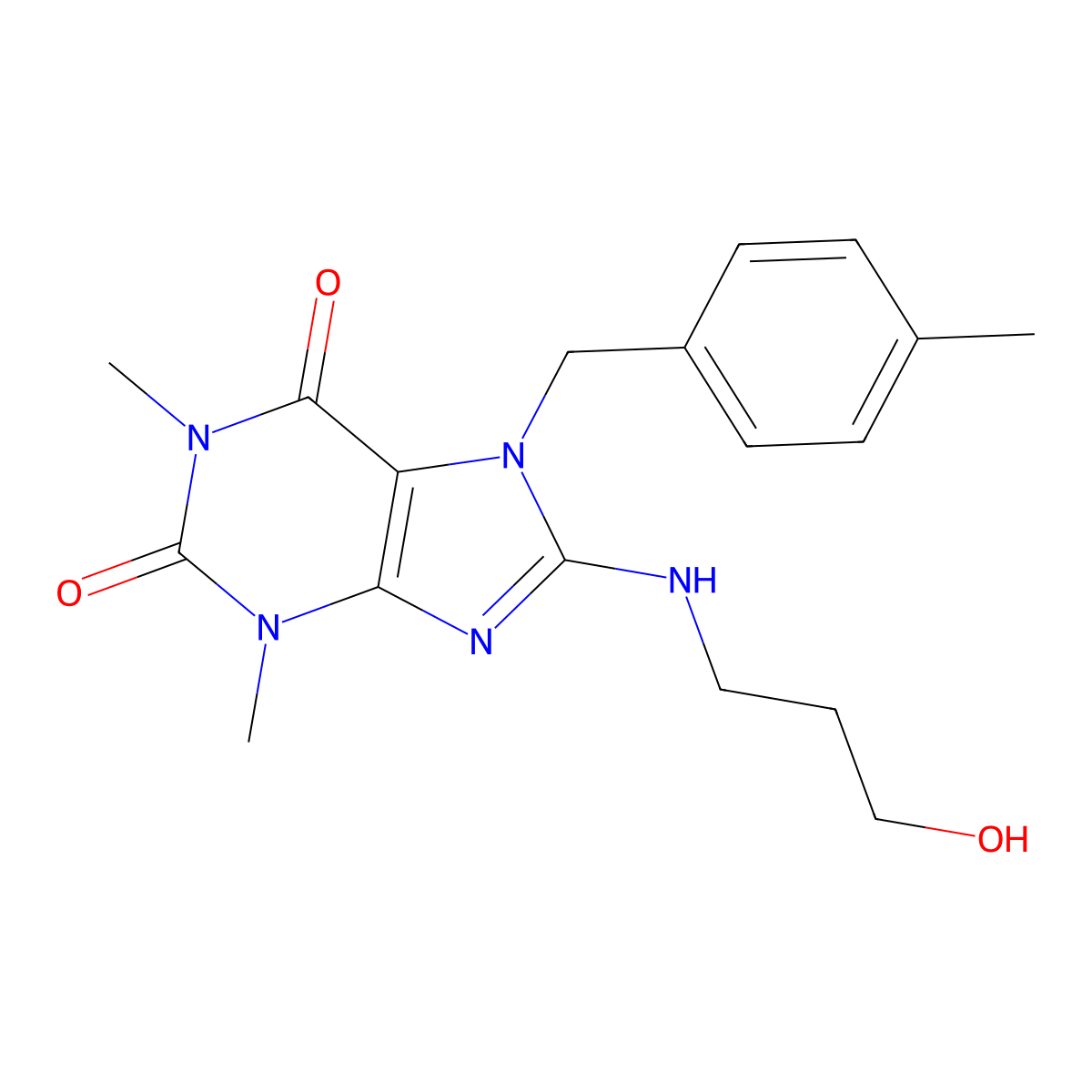 8-((3-hydroxypropyl)amino)-1,3-dimethyl-7-(4-methylbenzyl)-1H-purine-2,6(3H,7H)-dione molecular structure, CAS 335403-95-7