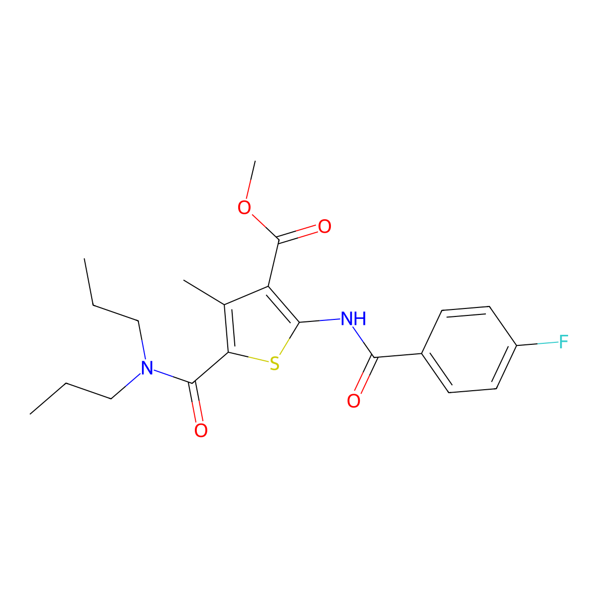 Methyl 5-(dipropylcarbamoyl)-2-(4-fluorobenzamido)-4-methylthiophene-3-carboxylate molecular structure, CAS 335405-83-9