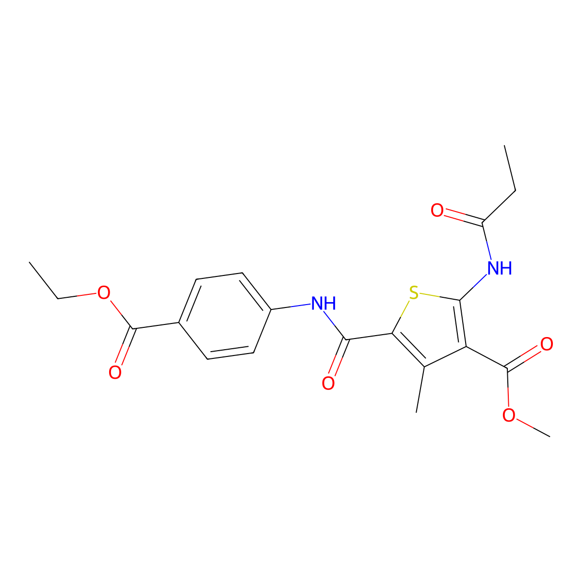 Methyl 5-((4-(ethoxycarbonyl)phenyl)carbamoyl)-4-methyl-2-propionamidothiophene-3-carboxylate molecular structure, CAS 335405-92-0