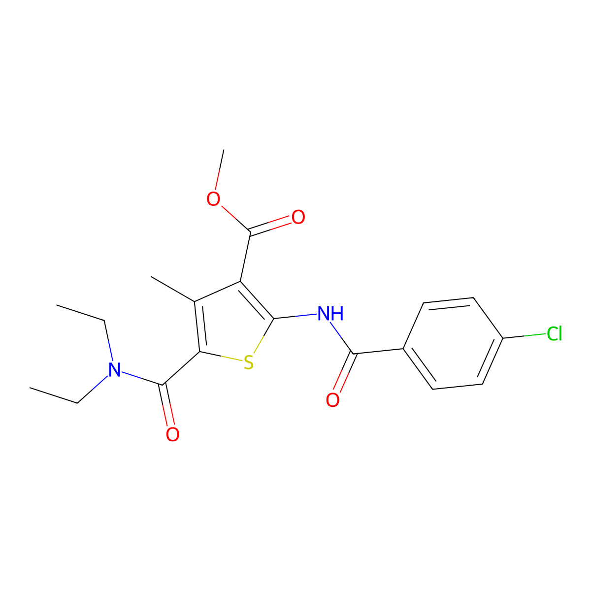 Methyl 2-(4-chlorobenzamido)-5-(diethylcarbamoyl)-4-methylthiophene-3-carboxylate molecular structure, CAS 335406-04-7