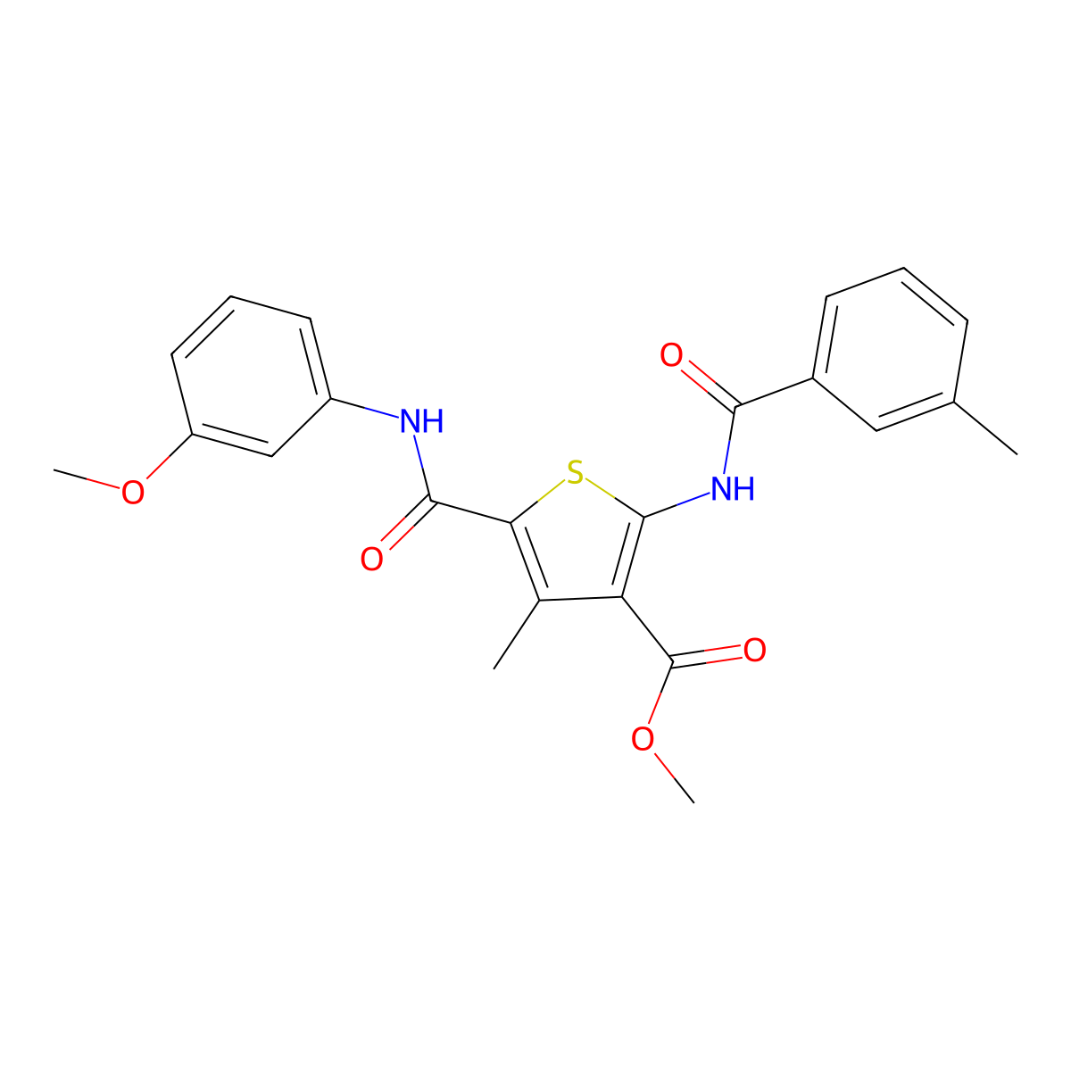 Methyl 5-((3-methoxyphenyl)carbamoyl)-4-methyl-2-(3-methylbenzamido)thiophene-3-carboxylate molecular structure, CAS 335406-05-8
