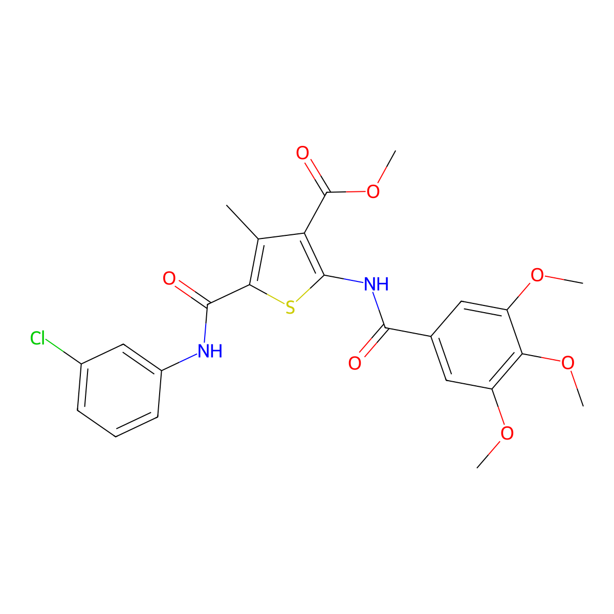 Methyl 5-((3-chlorophenyl)carbamoyl)-4-methyl-2-(3,4,5-trimethoxybenzamido)thiophene-3-carboxylate molecular structure, CAS 335406-29-6