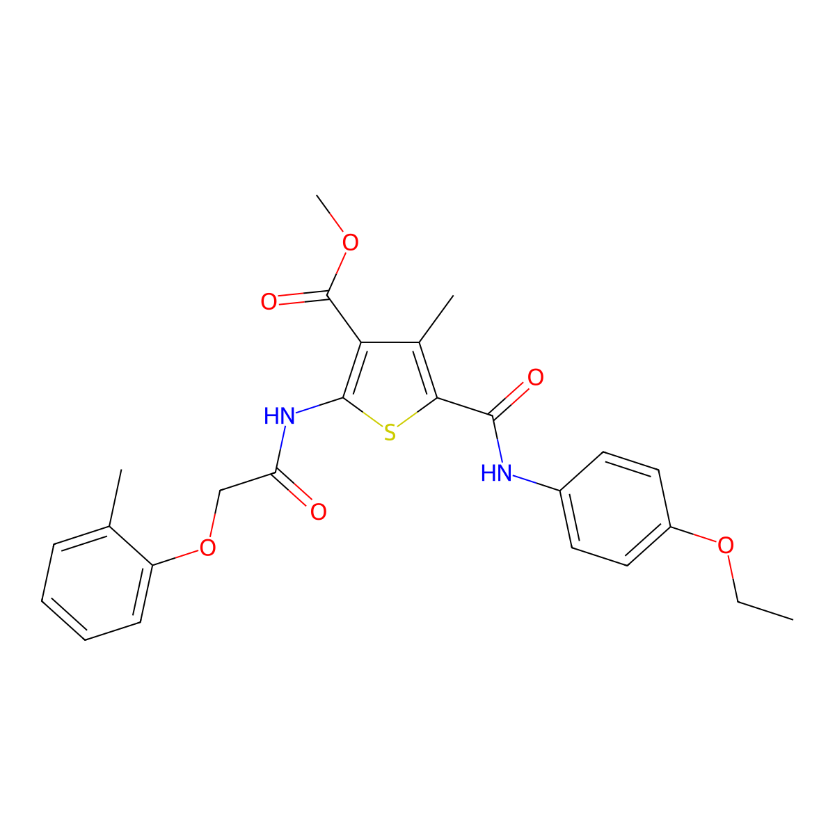 Methyl 5-((4-ethoxyphenyl)carbamoyl)-4-methyl-2-(2-(o-tolyloxy)acetamido)thiophene-3-carboxylate molecular structure, CAS 335406-41-2