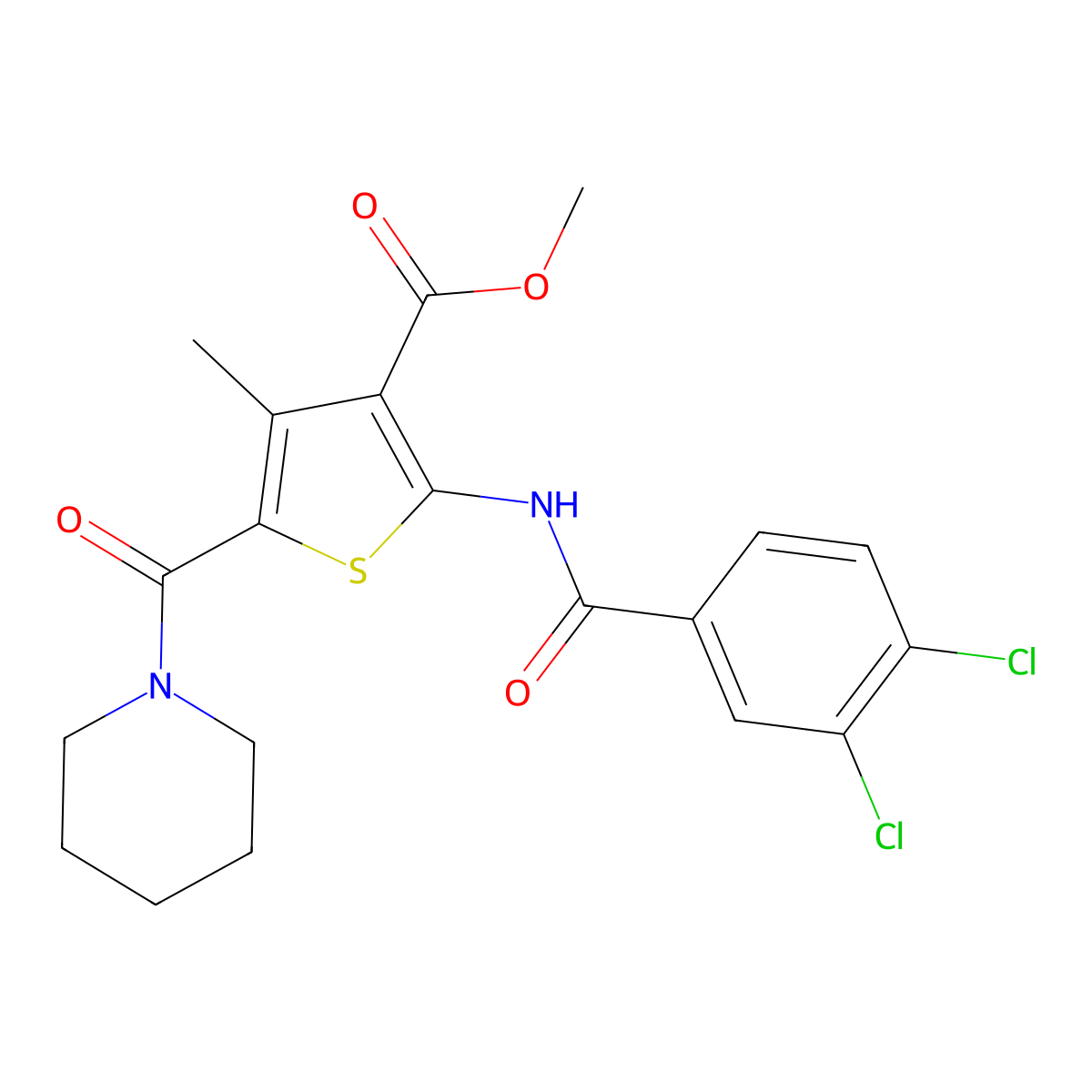 Methyl 2-(3,4-dichlorobenzamido)-4-methyl-5-(piperidine-1-carbonyl)thiophene-3-carboxylate molecular structure, CAS 335406-47-8