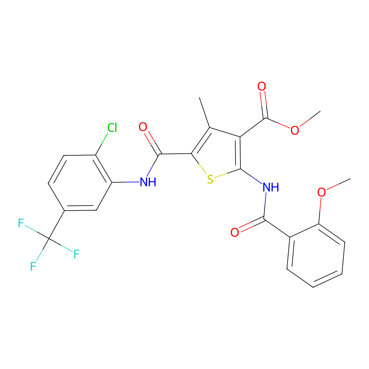 Methyl 5-((2-chloro-5-(trifluoromethyl)phenyl)carbamoyl)-2-(2-methoxybenzamido)-4-methylthiophene-3-carboxylate molecular structure, CAS 335406-48-9