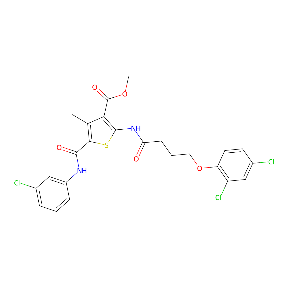 Methyl 5-((3-chlorophenyl)carbamoyl)-2-(4-(2,4-dichlorophenoxy)butanamido)-4-methylthiophene-3-carboxylate molecular structure, CAS 335406-58-1