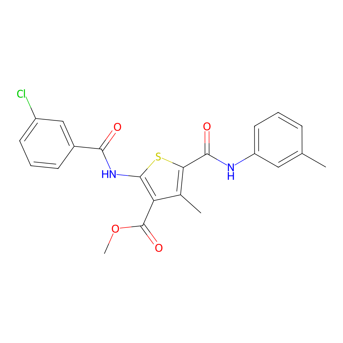 Methyl 2-(3-chlorobenzamido)-4-methyl-5-(m-tolylcarbamoyl)thiophene-3-carboxylate molecular structure, CAS 335406-72-9