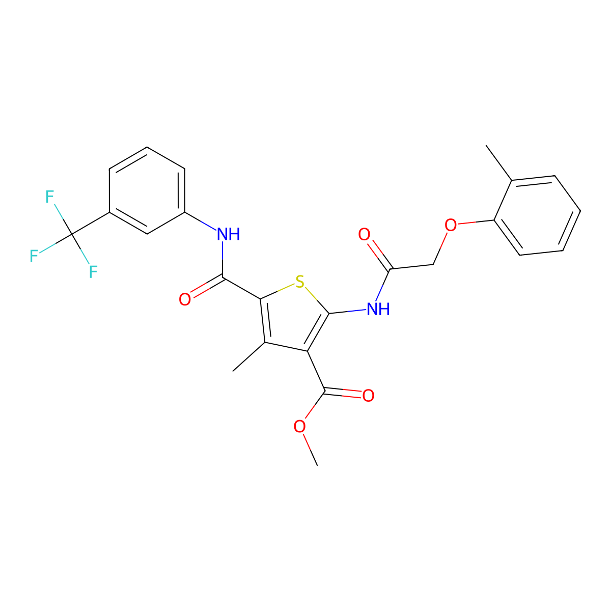 Methyl 4-methyl-2-(2-(o-tolyloxy)acetamido)-5-((3-(trifluoromethyl)phenyl)carbamoyl)thiophene-3-carboxylate molecular structure, CAS 335406-74-1