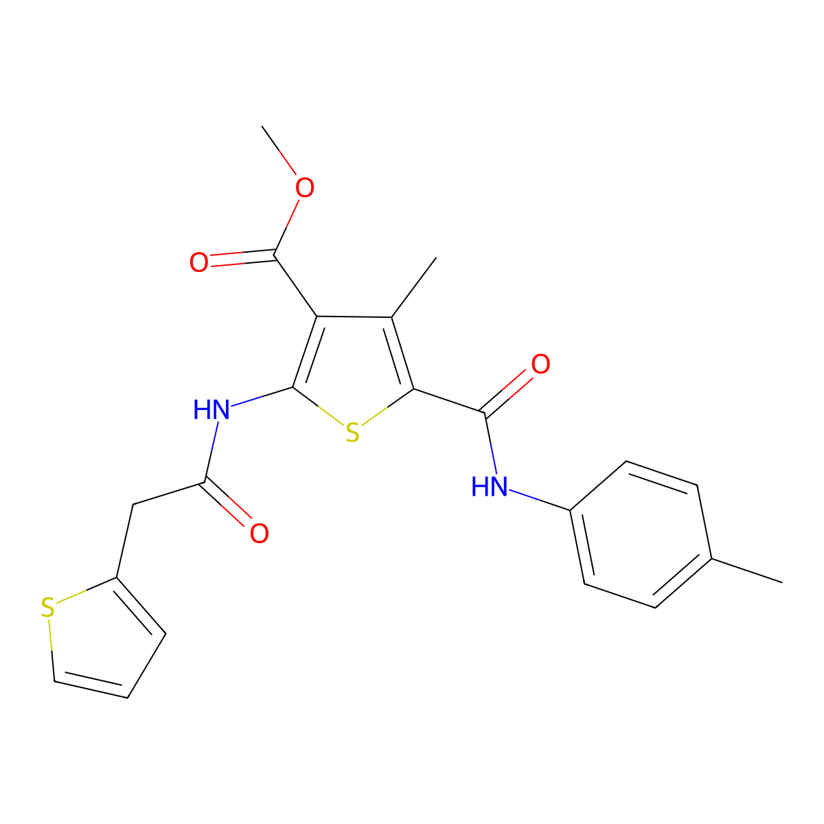 Methyl 4-methyl-2-(2-(thiophen-2-yl)acetamido)-5-(p-tolylcarbamoyl)thiophene-3-carboxylate molecular structure, CAS 335406-88-7