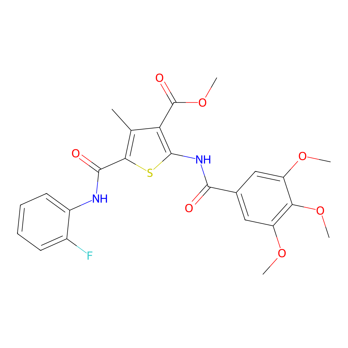 Methyl 5-((2-fluorophenyl)carbamoyl)-4-methyl-2-(3,4,5-trimethoxybenzamido)thiophene-3-carboxylate molecular structure, CAS 335407-15-3